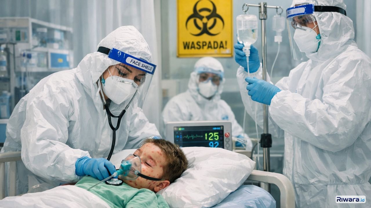 Tenaga medis mengenakan alat pelindung diri (APD) lengkap saat menangani pasien campak di ruang isolasi rumah sakit. Pemerintah melalui Kemenkes mengimbau masyarakat meningkatkan kewaspadaan guna mencegah penularan penyakit menular tersebut.